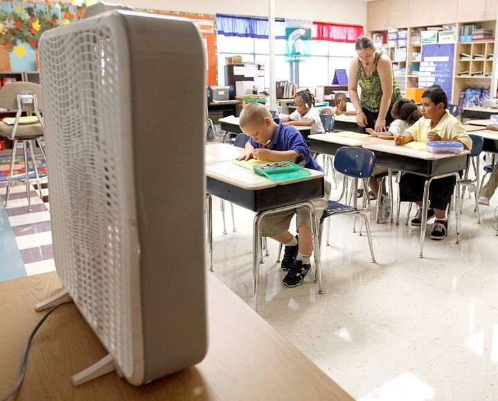 Photo of a classroom with a fan